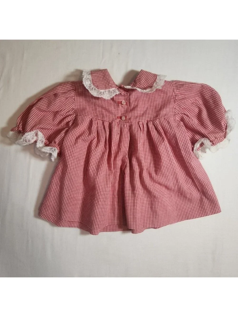 Vintage Handmade Gingham Baby Dress Set fit 6m-2y Lace peter pan collar 2pc